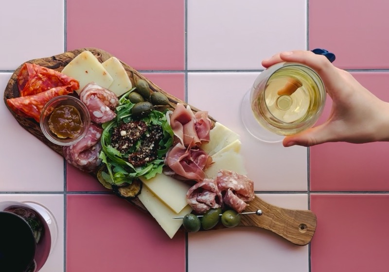 Italian aperitivo board with cheese, charcuterie and spritz at Intervallo bar Deptford London